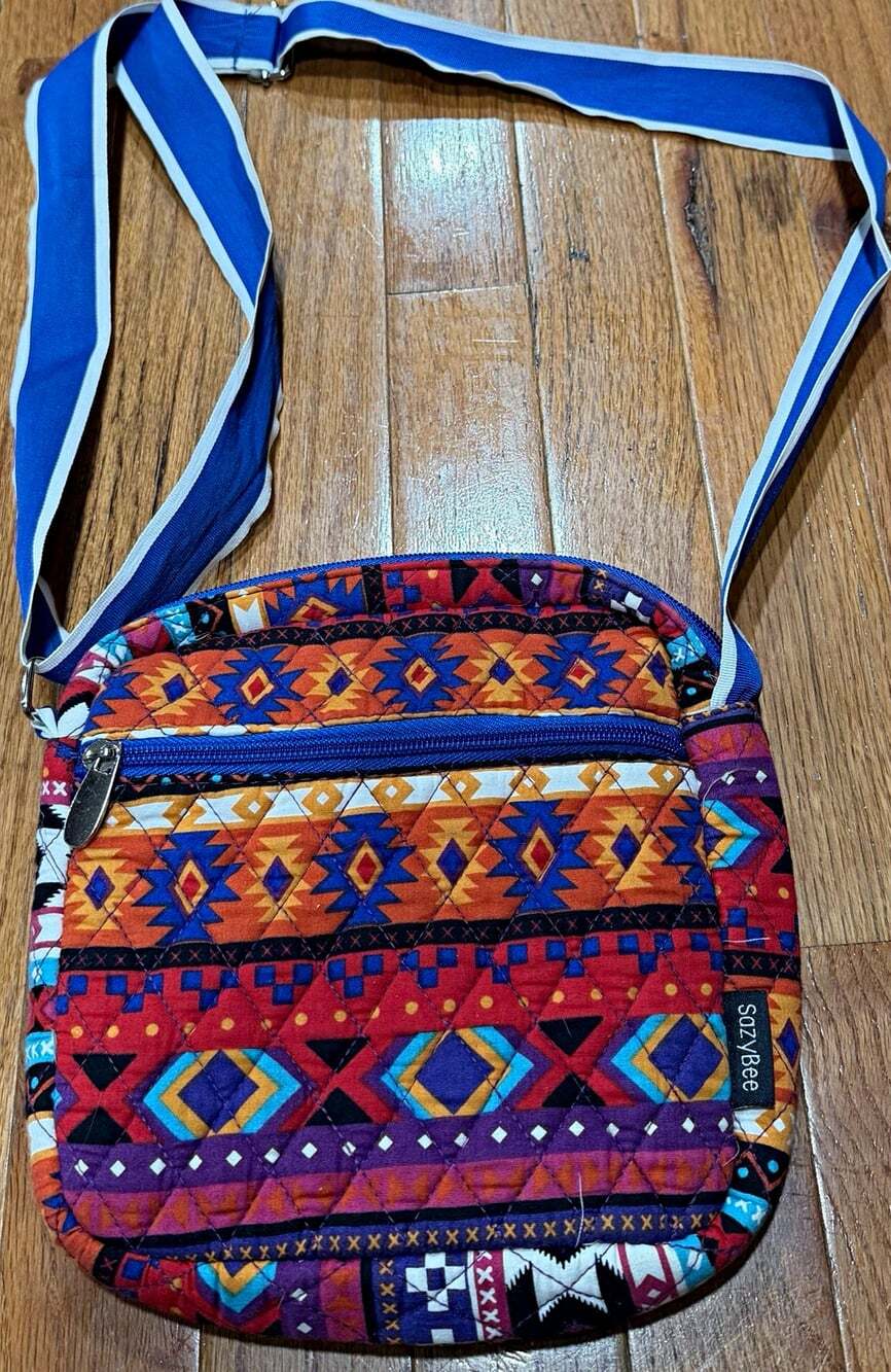 SassyBee Quilted Geometric Aztec Crossbody Bag Multicolor Blue/White Strap